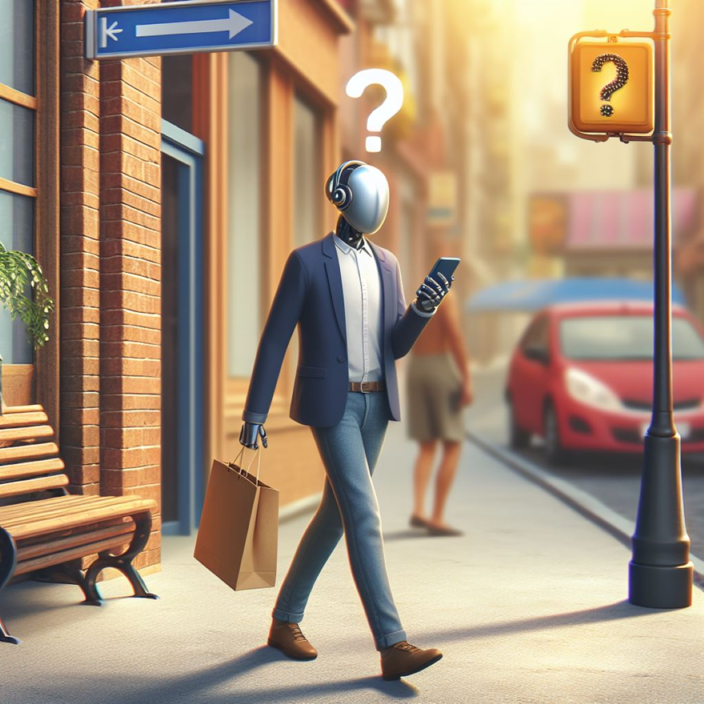 robot person crossing street reading cell texts to indicate lack of awareness in the Iran - Israel conflict.
