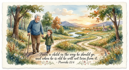 A watercolor painting of an elderly man and a young boy walking hand-in-hand down a winding country path toward a sunlit valley, with the text of Proverbs 22:6 written at the bottom.