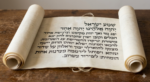 A hand-lettered Hebrew scroll unrolled on a wooden surface, displaying traditional calligraphy.