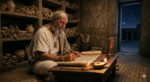 AME illustrated by An elderly Egyptian scholar with a white beard sits on a woven mat in a stone archives room at night, writing on a papyrus scroll by the warm glow of an oil lamp, surrounded by shelves of scrolls.