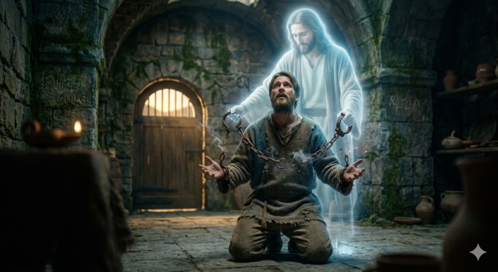 A cinematic illustration of a kneeling man in an ancient stone dungeon being freed from iron chains by a glowing, semi-transparent spiritual figure of Jesus Christ. The shackles break apart into sparks and smoke as warm light shines through a barred door in the background.