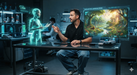 sci-fi style image of a man, dressed in black button down short sleeve shirt, loose fitting blue jeans, and white tennis shoes - sitting a a table in a lab, conversing with a hologram of an AI agent - discussing a second hologram of the Garden of Eden.