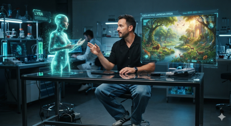 sci-fi style image of a man, dressed in black button down short sleeve shirt, loose fitting blue jeans, and white tennis shoes - sitting a a table in a lab, conversing with a hologram of an AI agent - discussing a second hologram of the Garden of Eden.