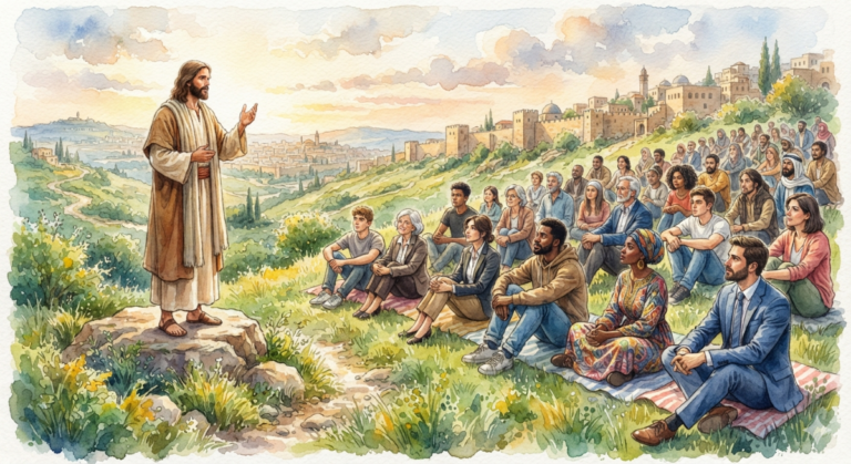 Jesus teaching a crowd of people on the side of a hill, as in Biblical times. But the crowd is wearing modern clothes, from casual to suits and ties.