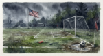 a football pitch (soccer un U.S.) on a dark rainy day. It shows the goal net, along with a referee whistle and a red card on the field, as well as a ball in a puddle in the near corner. In the background, a U.S. flag flies.