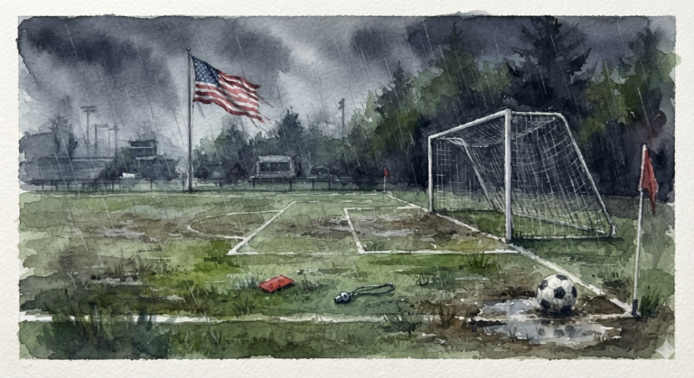a football pitch (soccer un U.S.) on a dark rainy day. It shows the goal net, along with a referee whistle and a red card on the field, as well as a ball in a puddle in the near corner. In the background, a U.S. flag flies.