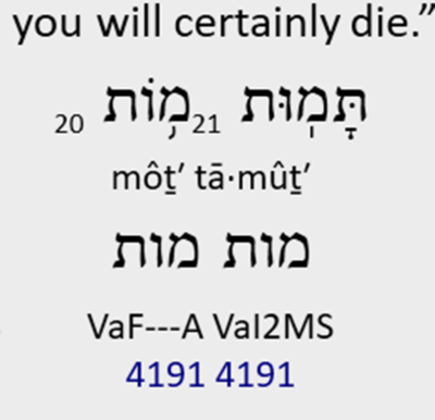 "you will certainly die" in English, from Genesis 2:17 - along with the actual Hebrew - which amount to "die die".
