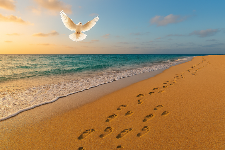 Footprints in the sand along the beach. Mostly, it's 2 sets, walking parallel to each other. Sometimes, it's only one set of footprints. The presence of the Holy Spirit is indicated by the hovering white dove.
