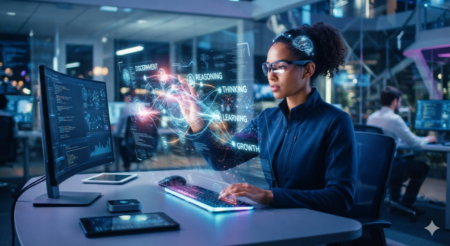 High Tech vision of learning and growth, showing a woman using AI in a lab to build her skill in a secular workplace skills.