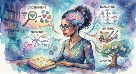 Old school way of learning, using the mind, reading books, showing a woman at a table in a library, and thought balloons with thining, reasoning, learning, growth in both imagery and words.