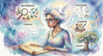 Old school way of learning, using the Holy Spirit, showing a woman at a table reading an ancient scroll, and thought balloons with thinking, reasoning, learning, growth in both imagery and words. There's a white dove by her head, to indicate the presence of the Holy Spirit.