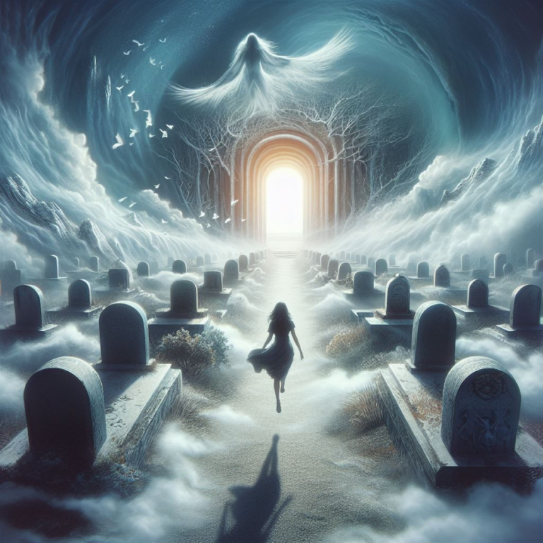 A surreal image of "spirit with a body" of a woman "walking on air" down the path in a graveyard, towards a building appearing through deep clouds, with bright light shining from inside it.