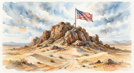 a watercolor image of a large rocky hill in the middle of a sandy desert scene, with a U.S. f;ag blowing in the breeze on top of the hill