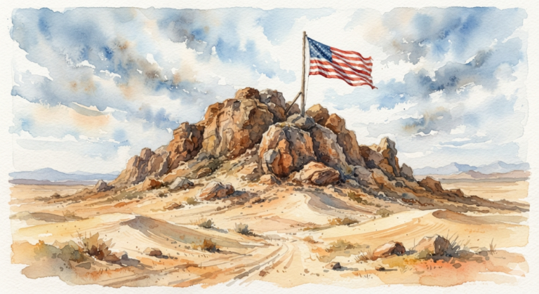 a watercolor image of a large rocky hill in the middle of a sandy desert scene, with a U.S. f;ag blowing in the breeze on top of the hill