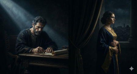 A split-screen cinematic digital painting of King David anxiously writing a scroll under a harsh beam of light, juxtaposed with a pregnant Bathsheba standing in shadows looking out a window with a thoughtful expression.