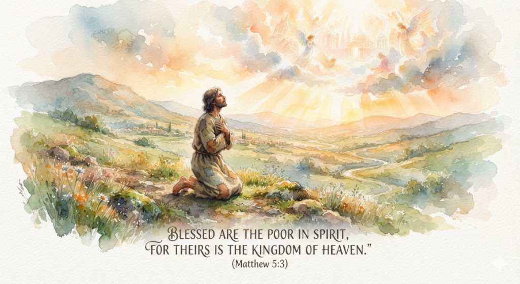A soft watercolor illustration of a kneeling man in humble, patched robes looking up toward a glowing, heavenly kingdom in the sky, with the text of Matthew 5:3 below.