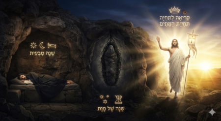 A surreal three-part digital artwork depicting the biblical evolution of sleep. Left: a man sleeping under a crescent moon with Hebrew for "Natural Sleep." Middle: a shrouded body in a root cocoon with Hebrew for "Sleep of Death." Right: Jesus rising in a golden dawn holding a banner with the Greek word "Egeiro" (Awaken).
