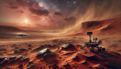 AI generated watercolor style image of the Mars Perseverance Rover, on the surface of Mars.