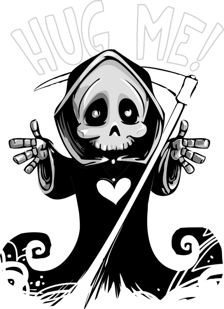 Black and white cartoonish, somewhat cute, little devil with a scythe. He's holding his arms out wide, to go along with the words, "Hug me" at the top of the image.
