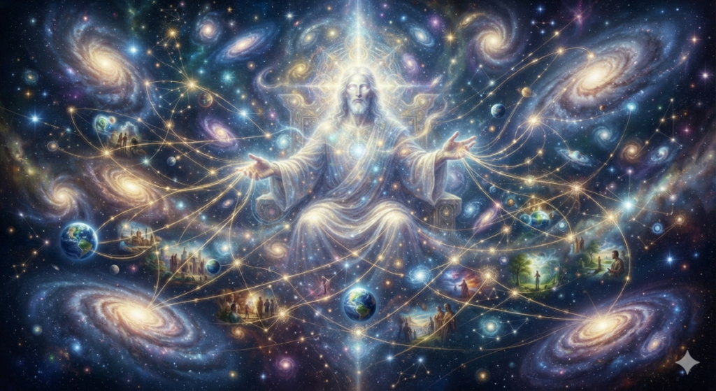 An ethereal image to show God's omniscience with "connections: to various galaxies and other elements in the universe.