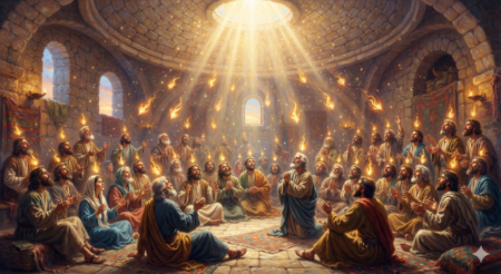 An ethereal painting of the biblical scene of Pentecost. A large group of disciples, including men and women in ancient robes, are gathered in a circle inside a circular stone room with a domed ceiling. A powerful, brilliant beam of heavenly golden light pours down from an opening at the top of the dome, scattering glowing embers throughout the air. Soft, floating tongues of fire hover just above the head of each person as they pray, look upward in awe, and raise their hands in worship.