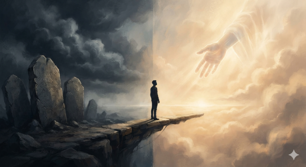 a minimalist and powerful visual metaphor. On the left side, dark, oppressive clouds and jagged, heavy stone tablets. On the right, soft, warm golden light and a faint, outstretched hand being lifted up. In the center, a silhouetted human figure looking from the dark side to the light, standing on a narrow path. Modern digital painting, conceptual art, ethereal, contrasting colors.