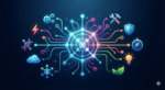 Conceptual abstract illustration with a central glowing geometric hub branching out to multiple icons like a lightbulb, gears, tools, and DNA, symbolizing versatility and polyvalence on a dark background.