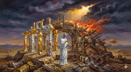 Surrealistic image of a Christian, having their works tested by fire at the believer's judgment.  Those made with gold, silver, and costly stones remain - signifying the good works done in life.  Everything else burns up.