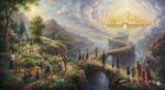 An oil painting depicting the theological concept of "already but not yet," showing people on a winding mountain pathway working in fields while connected by thin, luminous threads to a radiant, heavenly city floating in the clouds above.