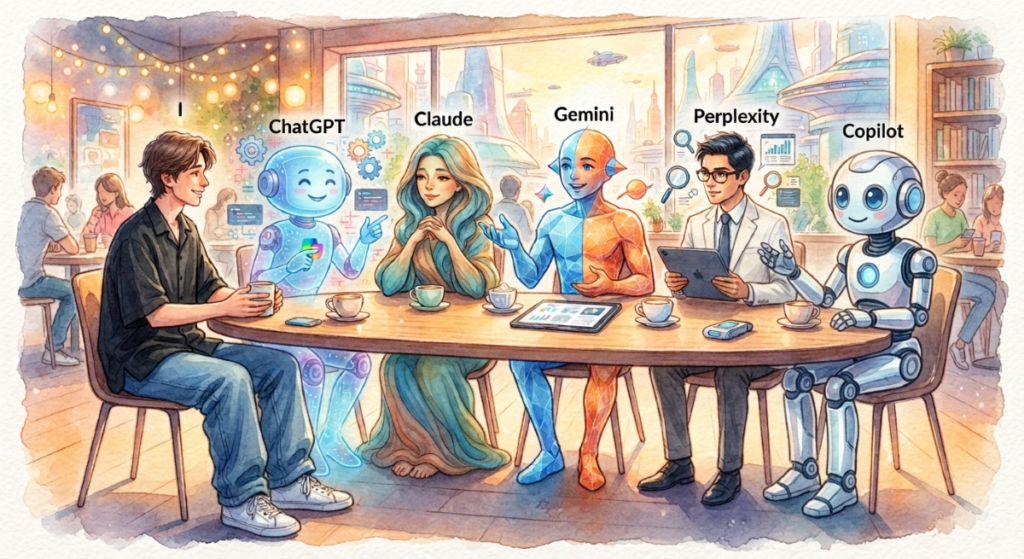 A futuristic coffee shop meeting with the writer and five different AI's, each represented by a different figure. Each has a cup of coffee, an iPad or cell phone.