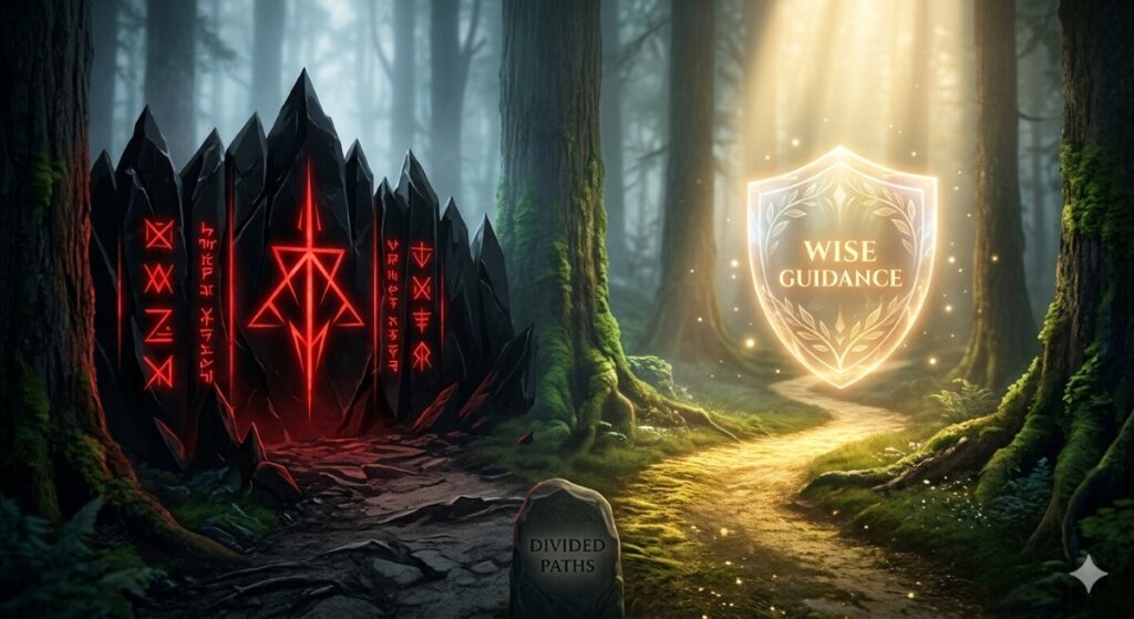 Did God command or warn Adam in Eden - shown in a minimalist concept art of a split path in an ethereal forest; the left path is blocked by a dark obsidian wall with glowing red symbols, while the right path is bathed in golden light leading toward a protective shield inscribed with "Wise Guidance."