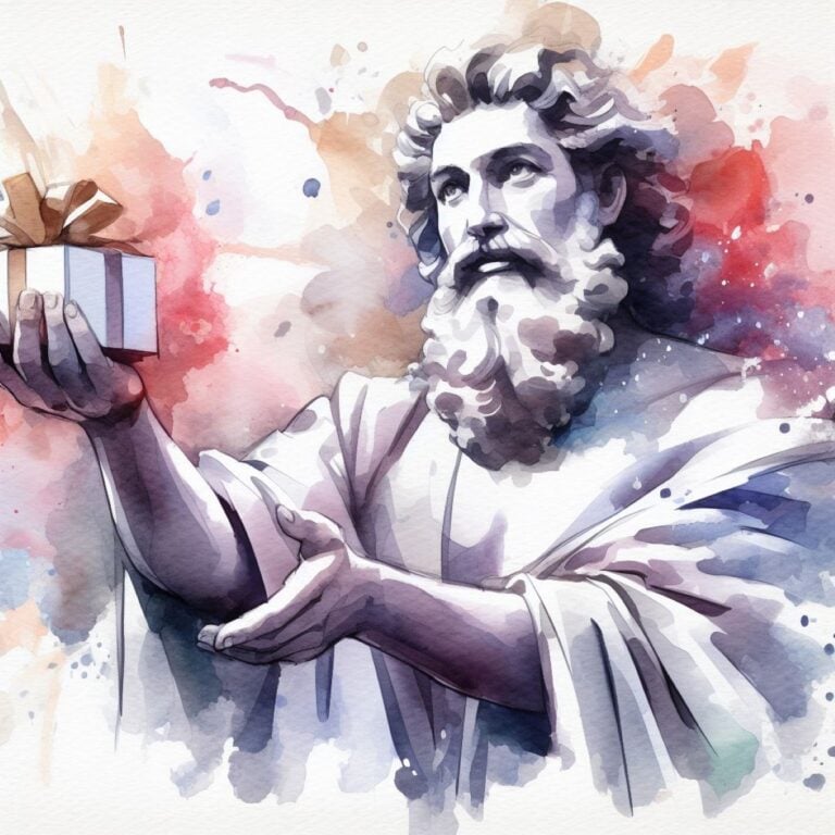watercolor image of God holding out a gift box, waiting for us to accept it.