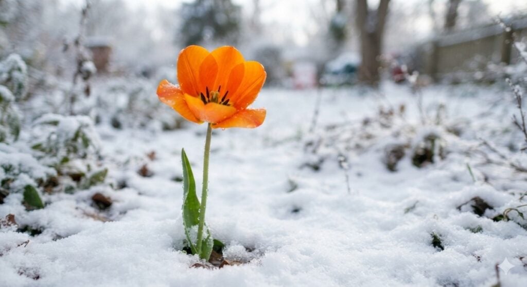 An orange tulip, fully grown, in snow-covered ground.