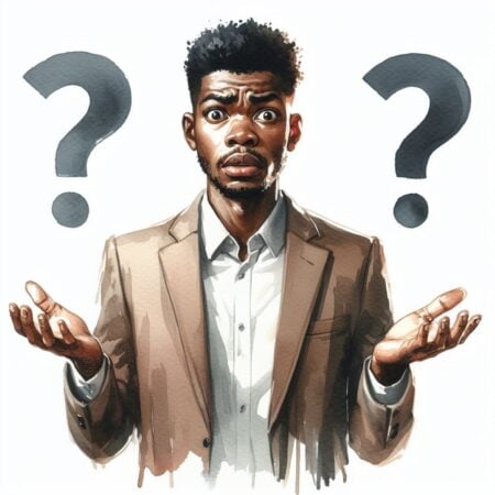 watercolor of a man, holding his arms out to the side, palms up, with 2 green question marks floating aside his head - asking, "How can this be?"