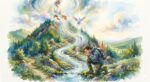 A watercolor image of lush green mountain. At the top, a white dove is floating in the air while God is pouring "living Water" of the Holy Spirit, forming a stream that runs down to the bottom of the mountain, where a person is drinking some of the water from their hands.