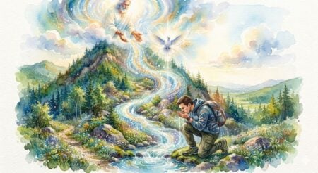 A watercolor image of lush green mountain. At the top, a white dove is floating in the air while God is pouring "living Water" of the Holy Spirit, forming a stream that runs down to the bottom of the mountain, where a person is drinking some of the water from their hands.