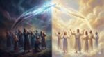 an ethereal image of the sword of the spirit swinging one direction on the left and the other on the right side. on one side, it's dark, and people look up at it and tremble. On the other side, it's bright, and people look up with joy.