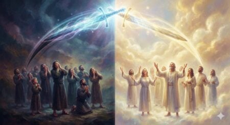 an ethereal image of the sword of the spirit swinging one direction on the left and the other on the right side. on one side, it's dark, and people look up at it and tremble. On the other side, it's bright, and people look up with joy.