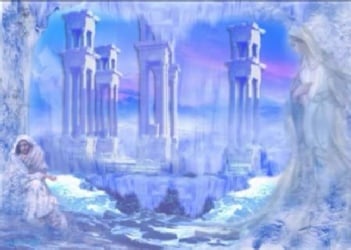 an ethereal view of heaven, shades of blues and light purples, with a person in a white robe, resting on the steps.