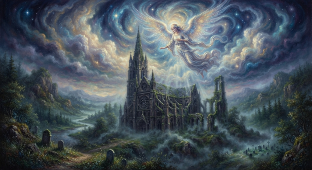an ethereal/surrealist image of an ancient church, with an angel floating in the air above it - as if watching over it